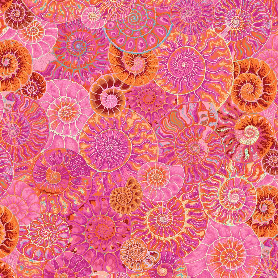 A close-up image of a piece of fabric featuring a geometric pattern with pink, orange, and purple colors.