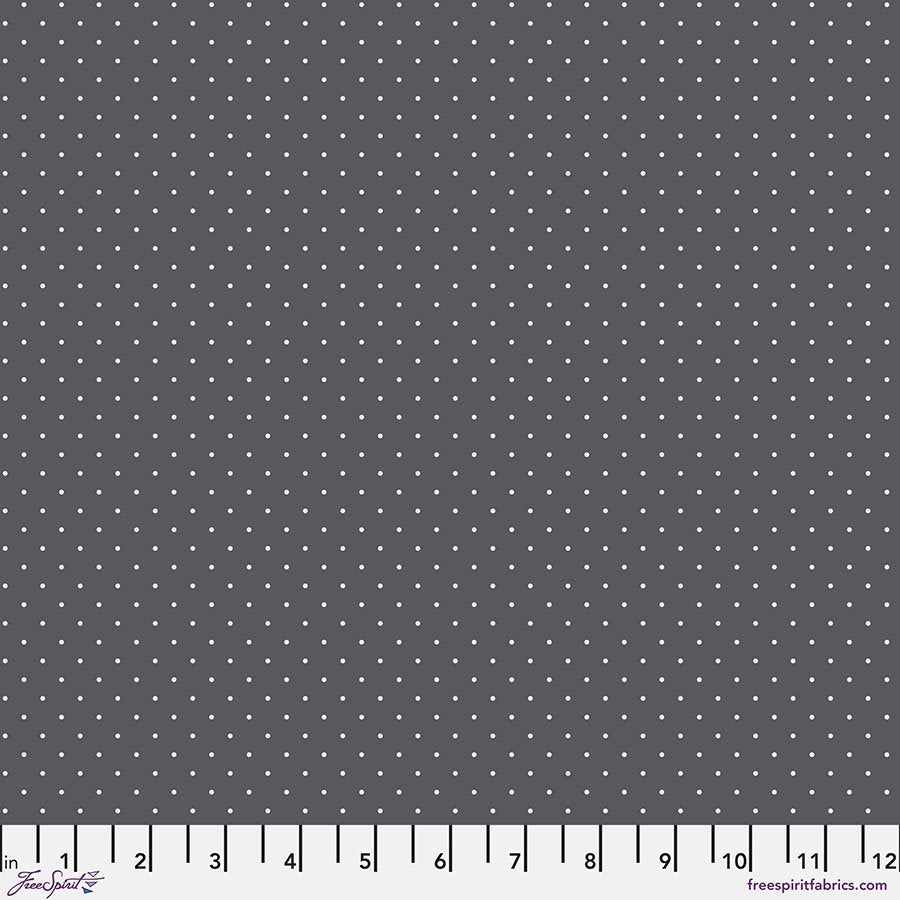 fabric swatch with a dark gray background with a geometric tiny white dot pattern
