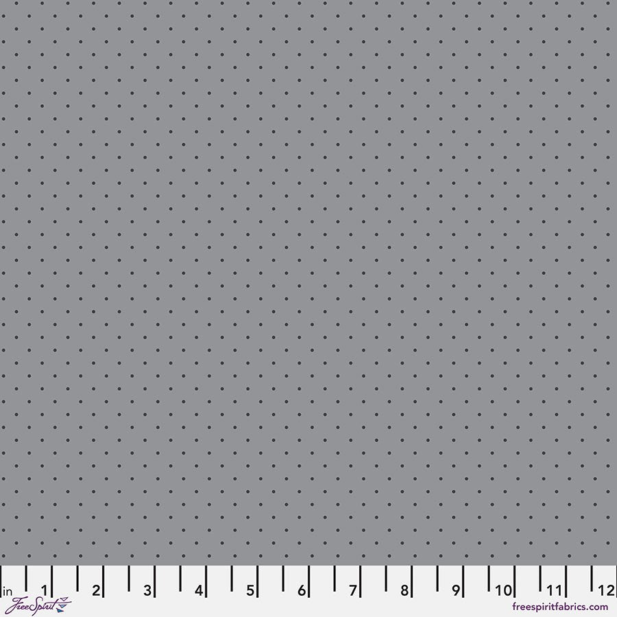 fabric swatch with a medium gray background with a tiny dark geometric gray dot pattern