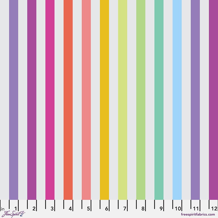 fabric swatch with alternating light gray and rainbow vertical stripes