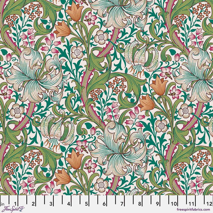 Floral patterned fabric with a ruler at the bottom for scale.