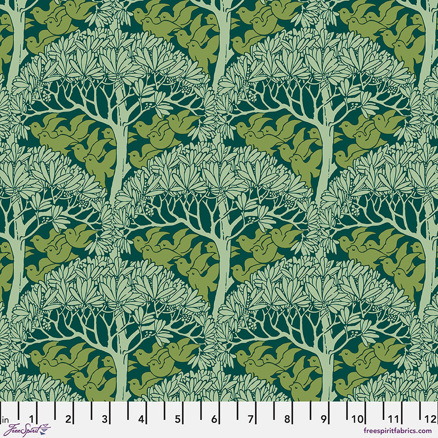 Pattern of stylized trees and foliage on a green background with a ruler at the bottom.
