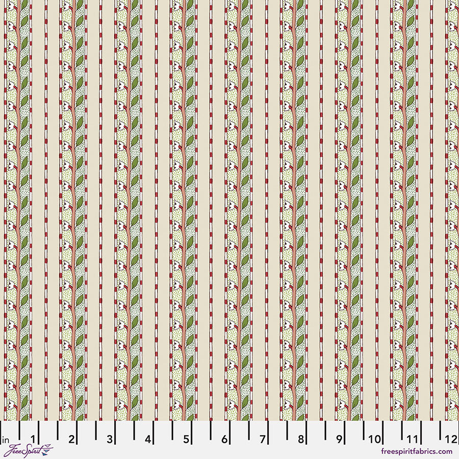 Patterned fabric with vertical stripes on a beige background