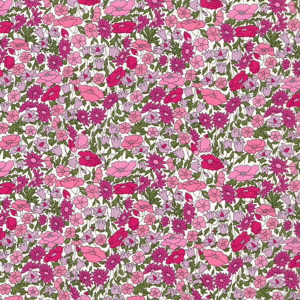 A patterned fabric featuring a floral design with pink flowers and green leaves on a white background.