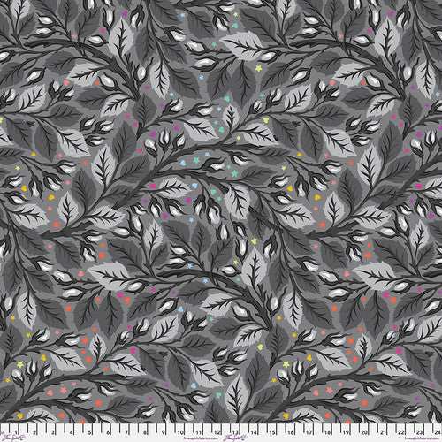 vines of leaves and buds in varying shades of gray, with multicolored hearts and stars sprinkled throughout