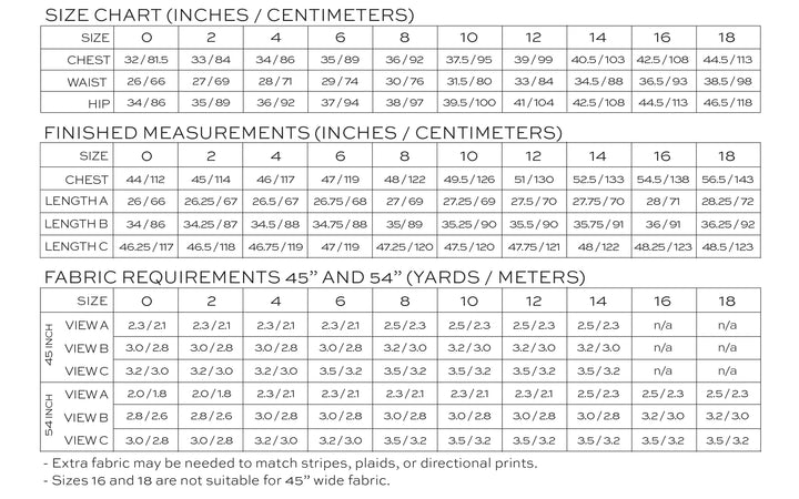 chart with measurements for pattern sizes and yardage for pattern
