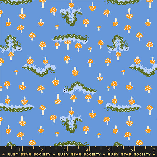 a print of light blue and green caterpillars in various positions with small orange and white mushrooms on a soft blue background