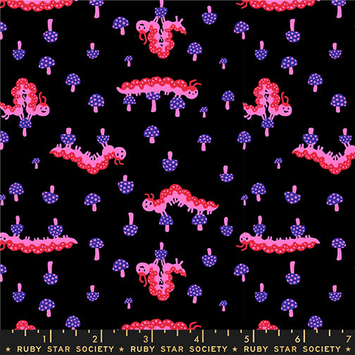 a print of light and dark pink caterpillars in various positions with small pink and purple mushrooms on a black background