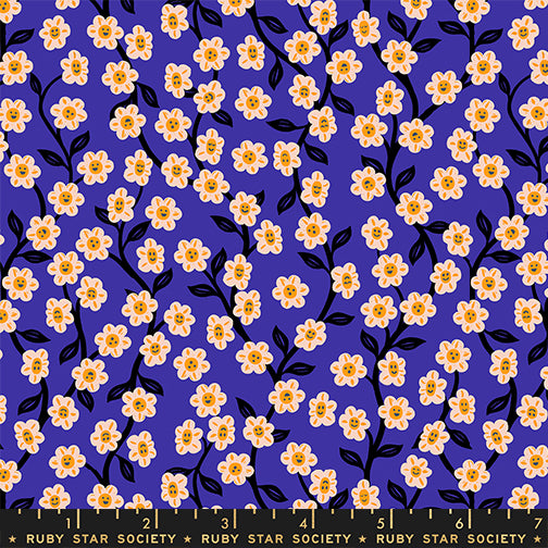 floral daisy vine print with smiley faces on each flower, flowers are orange and white and vines are black, all on a bright purple background