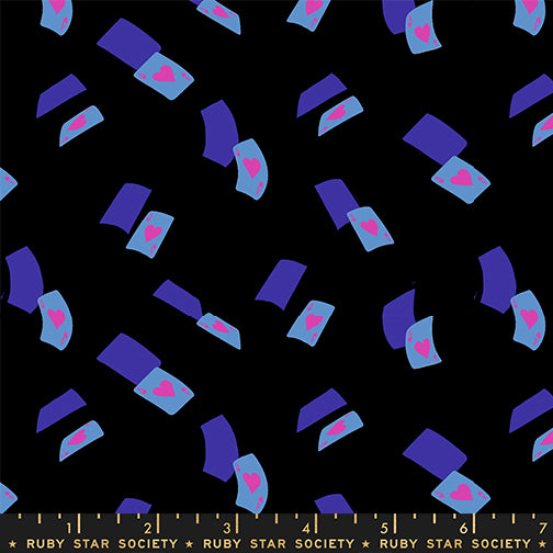 print of falling ace playing cards in light blue and purple on a black background