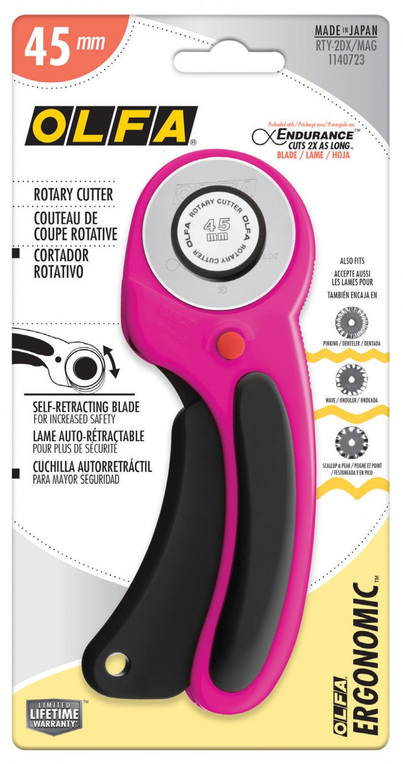 OLFA 45mm Ergonomic Rotary Cutter in Magenta color, with packaging showing the product and its features.