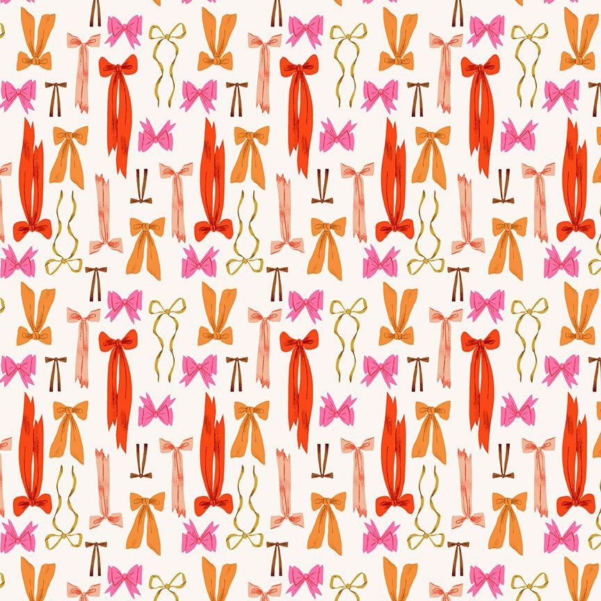 Cream background with red and pink present ribbons in a variety of sizes