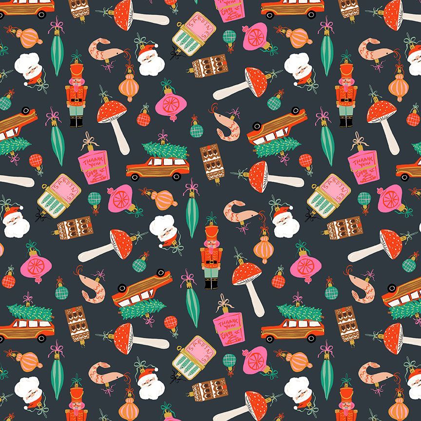 Black background with colorful Christmas ornaments in a variety of styles