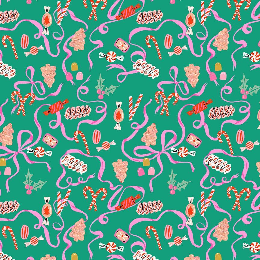 Green background with a variety of holiday candies
