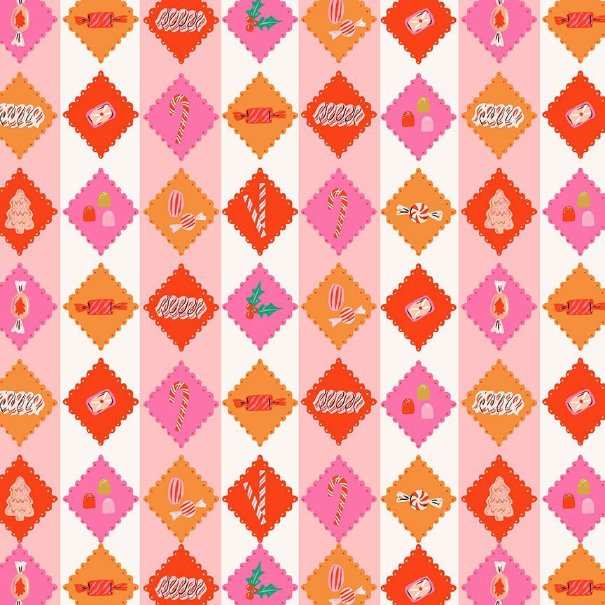 Pink and white stripes with pink and red diamonds. Inside the diamonds you have holiday candies