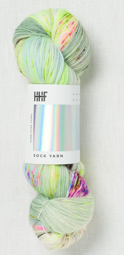 Sock yarn with pink, green, and blue