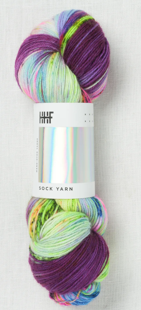 Sock yarn with purple, blue, green, and pink