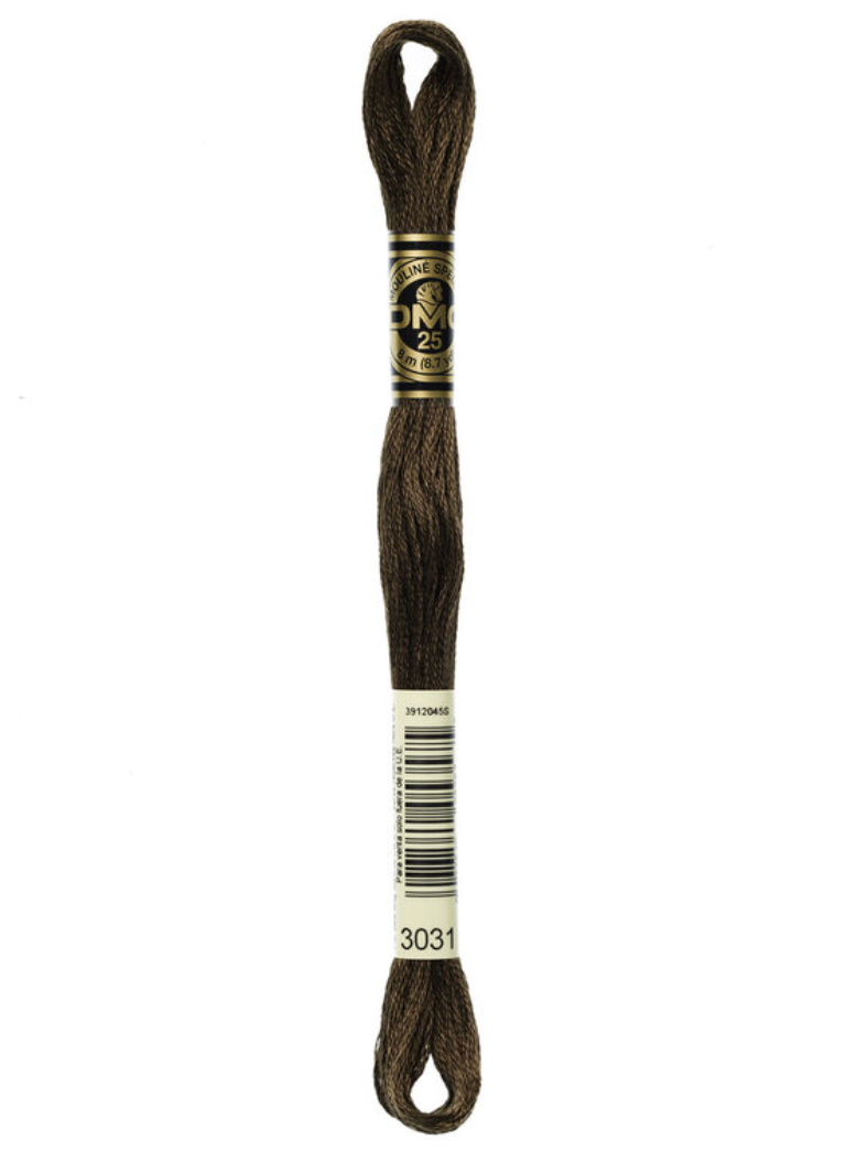 Brown embroidery floss skein with label on a white background