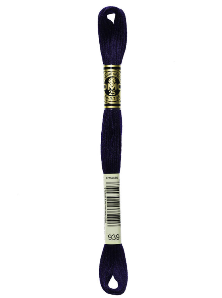 Navy blue embroidery floss on a white background