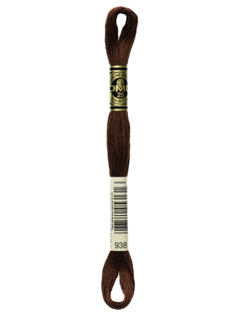 Brown embroidery floss with a label on a white background