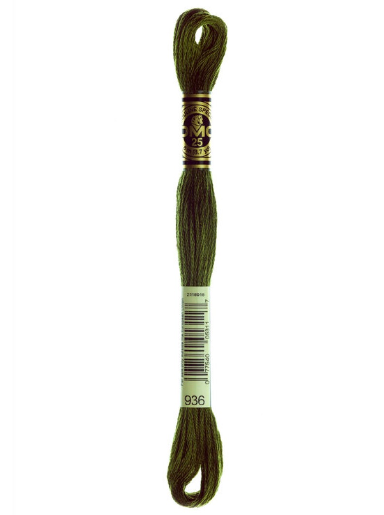 Dark avocado green skein of embroidery floss with a label on a white background