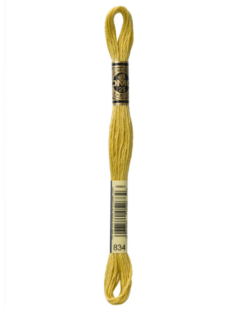Yellow embroidery floss skein with a brand label on a white background