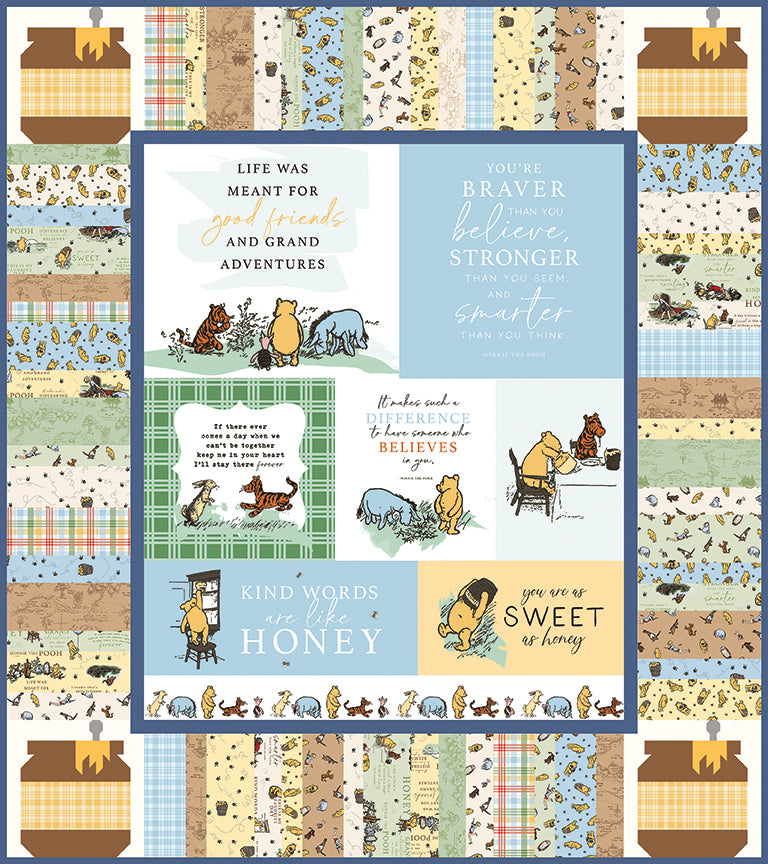 Winnie the Pooh quilt includes his honey pots, his friends, and his most popular sayings