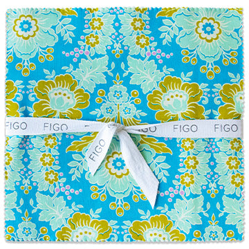 stack of 10" square fabric pieces from the Full Bloom collection tied with a white ribbon