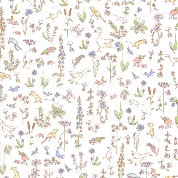 white background with birds and flowers scattered