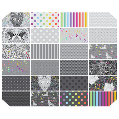 grid of fabric designs in varying shades of grayscale, some with colorful stripes and dots, some with wild animal prints like wolves and bears and puffins