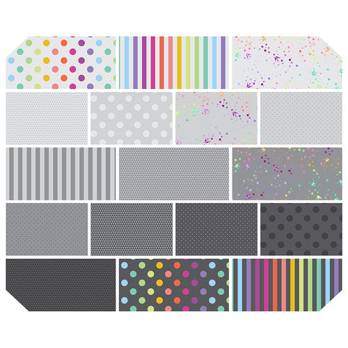 grid of various fabric prints, including dots and strips and paint splatters, all on dark to light gray background and some with multicolored prints