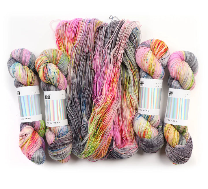 Sock Yarn. Pinks, greys, yellows, blues, and greens