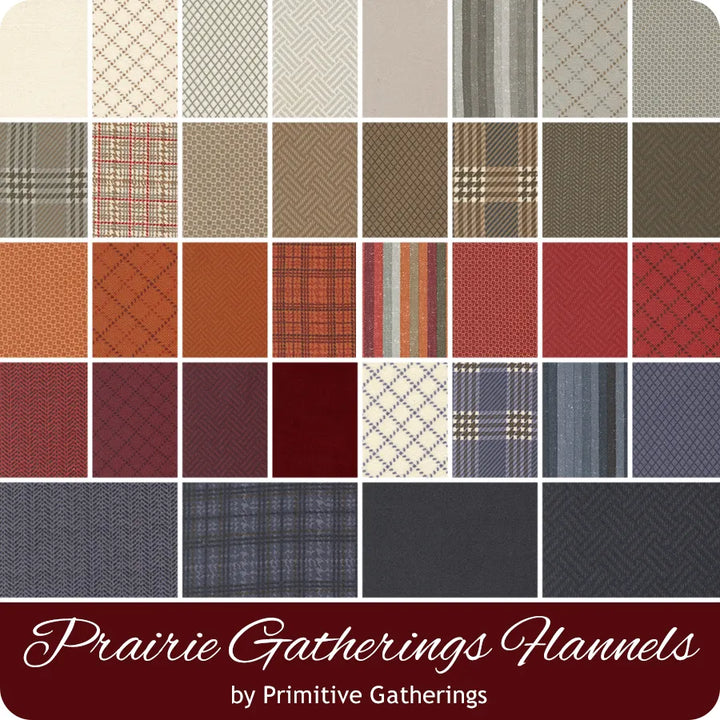 Grid of fabric swatches labeled 'Prairie Gatherings Flannels' by Primitive Gatherings