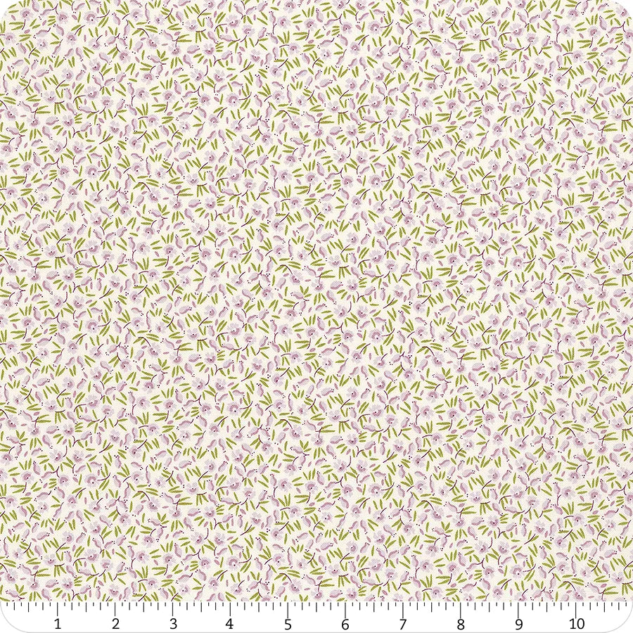 Cream fabric with small light purple flowers and small green leaves