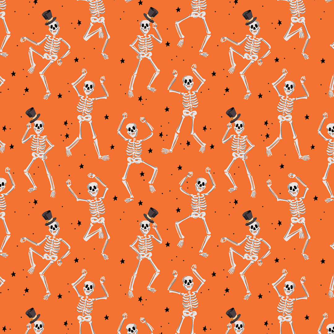 Fabric with an orange background, dancing skeletons wearing a black top hat, and black stars.