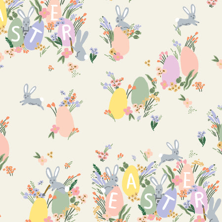 Cream background with easter eggs, bunnies, and the word Easter