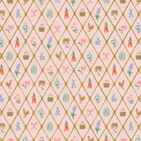 Pink background with a lattice design. Inside the diamonds there are carrots, eggs, flowers, bunnies, and houses