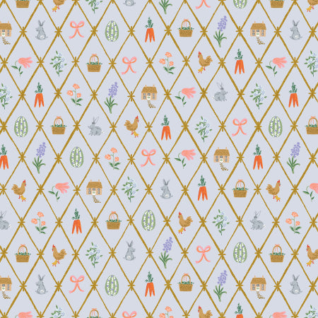 Blue background with a lattice design. Inside the lattice design there are bunnies, carrots, houses, eggs, and flowers.