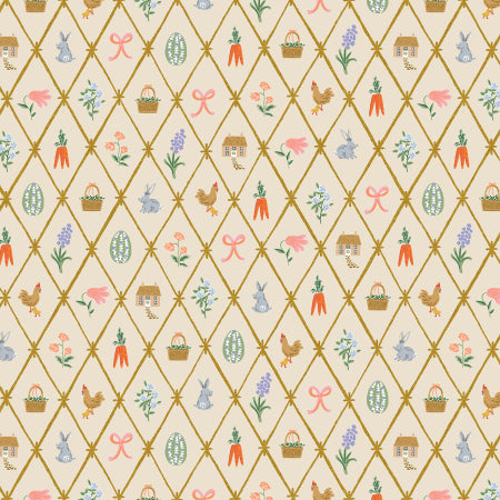 Linen background with a lattice design. Inside the diamonds are bunnies, eggs, houses, flowers, and carrots