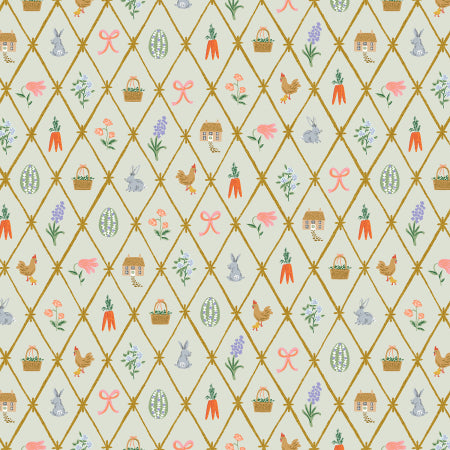 Mint background with a lattice design. Inside the diamonds are bunnies, flowers, houses, carrots, and chicks
