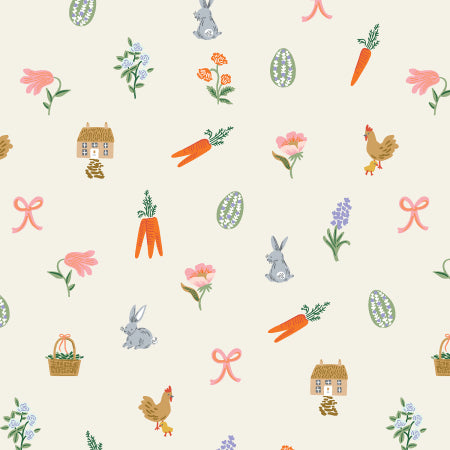 Cream background with bunnies, flowers, chickens, houses, and carrots.
