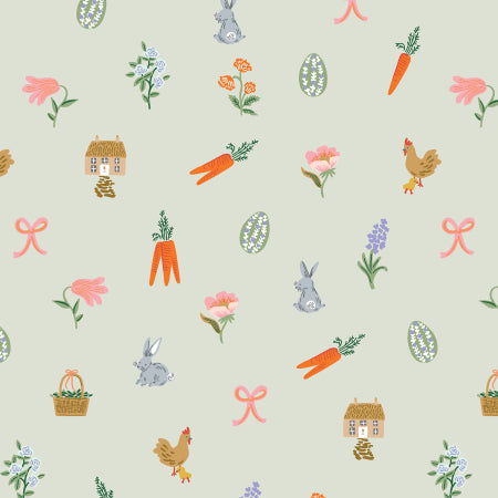 Mint background with bunnies, eggs, chickens, flowers, and houses