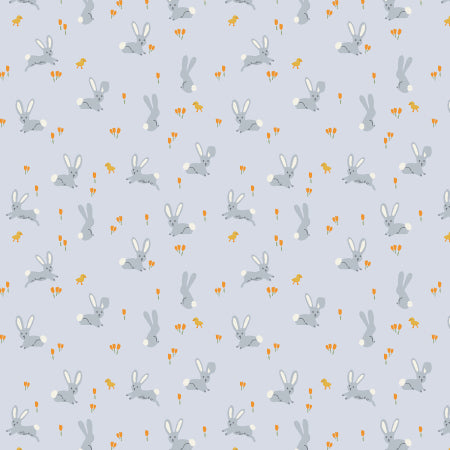 Blue background with bunnies and small flowers