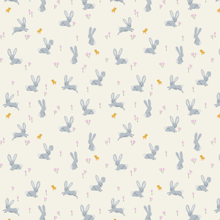 Cream background with light blue bunnies and small flowers