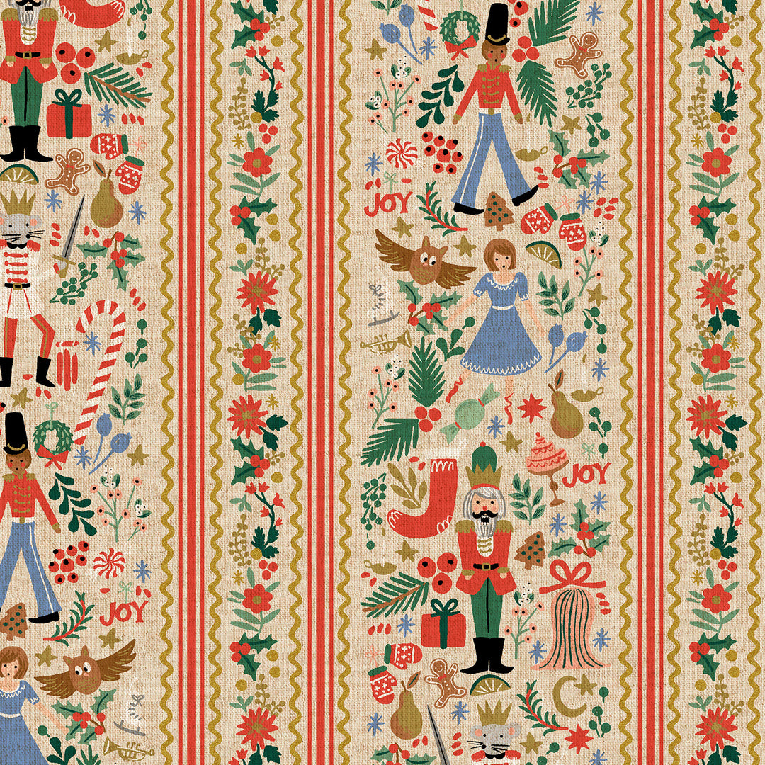 Decorative Christmas pattern with soldiers, flowers, and 'Joy' text on a beige background.