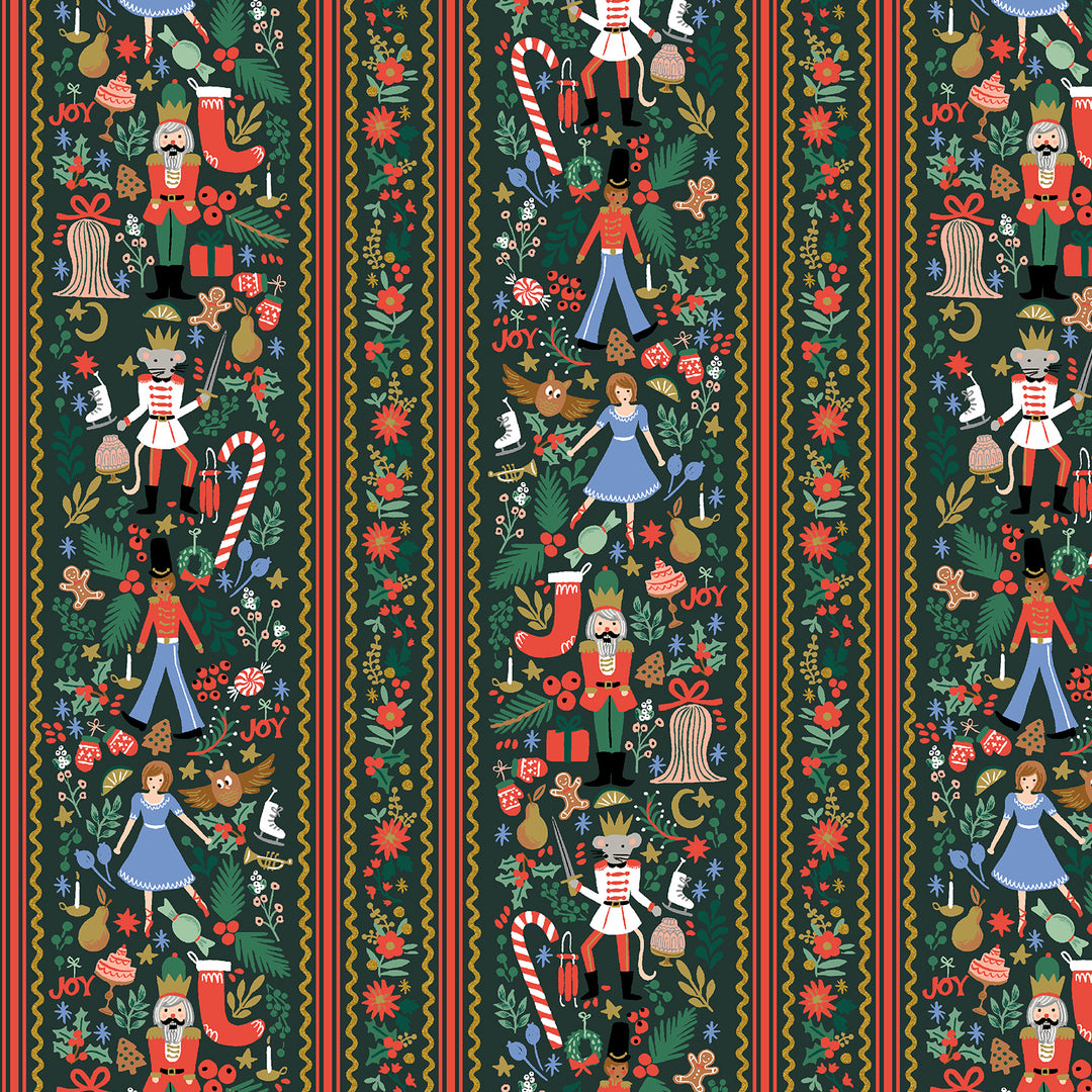 Decorative Christmas pattern with characters and elements on a dark green background