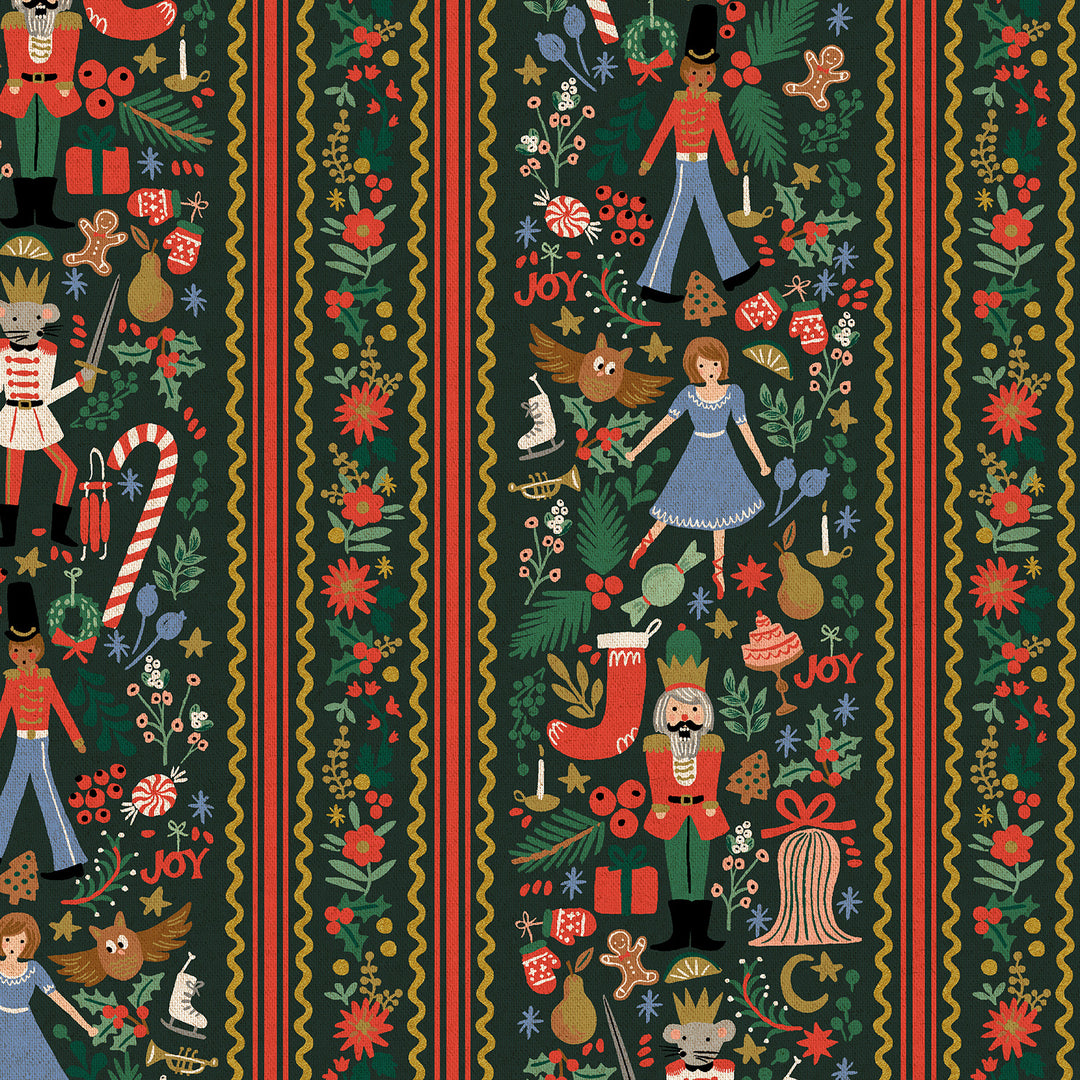 Decorative Christmas pattern with soldiers, flowers, and 'JOY' text on a dark background.