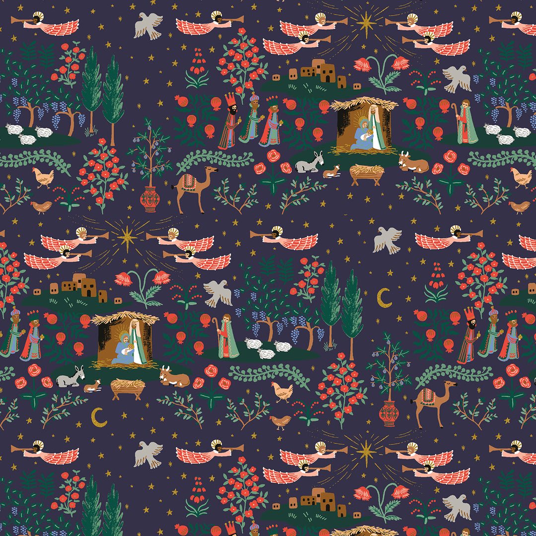 Decorative pattern with nativity scene elements on a dark blue background