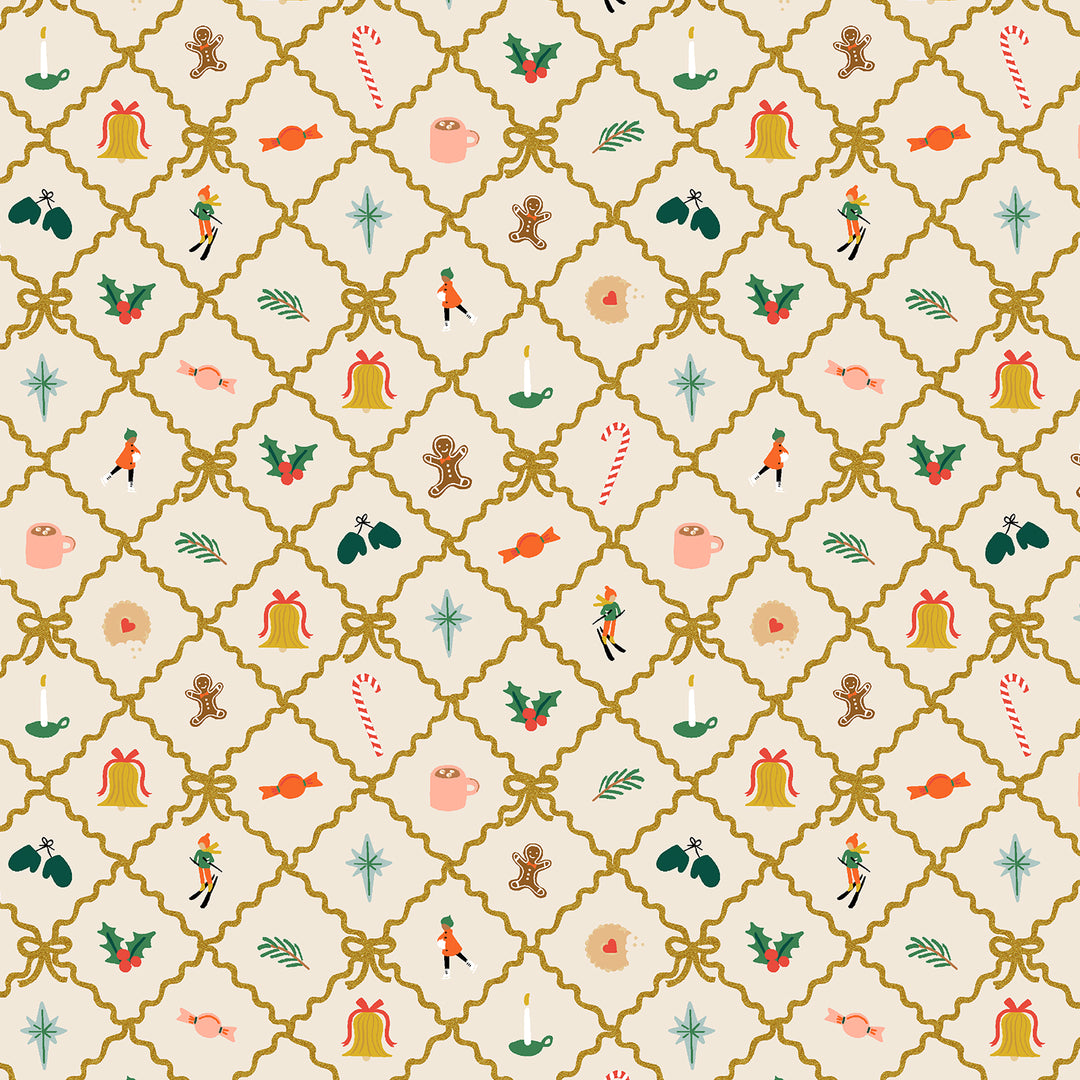 Patterned design with Christmas-themed icons on a beige background