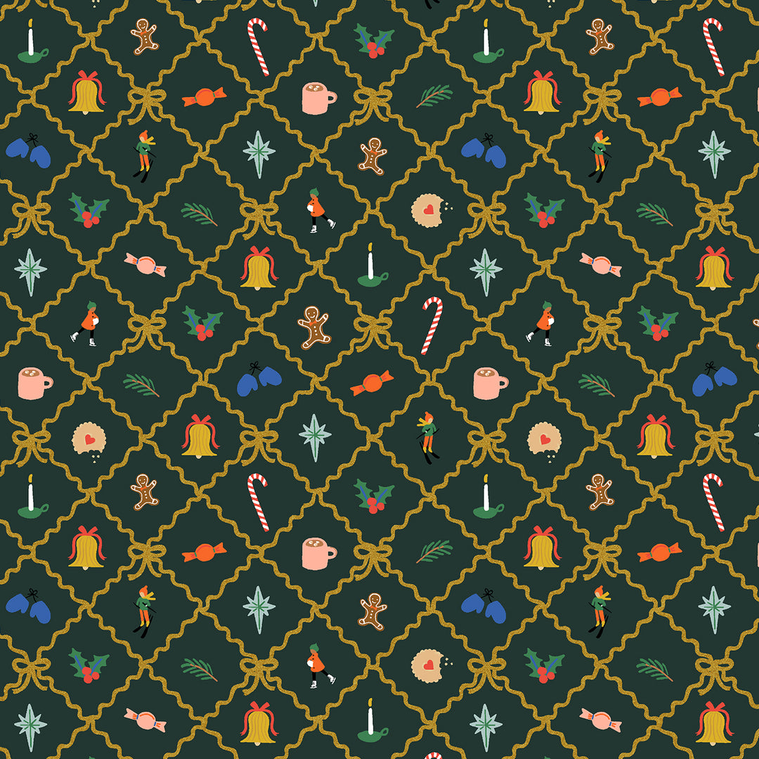 Christmas-themed pattern with various festive elements on a dark green background